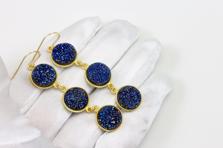 Drusy Earrings Peacock Blue Druzy 14k Solid Gold or Filled French Ear Wires 2.5 inch Long Triple Hung Round Bezel Set Natural Quartz Drops