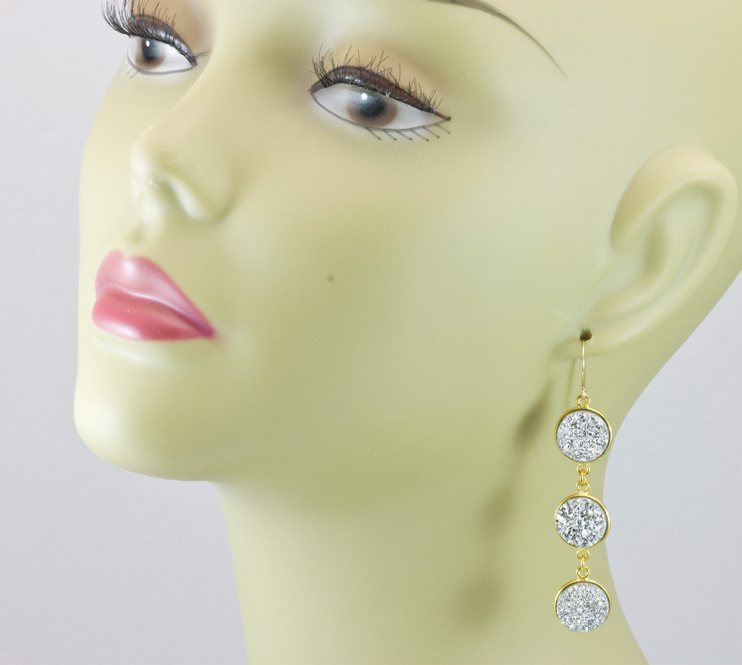 Drusy Earrings Bright Silvery Druzy 14k Solid Gold or Filled French Ear Wires 2.5 inch Long Triple Hung Round Bezel Set Natural Quartz Drops