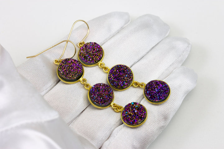 Drusy Earrings Bright Purple Peacock Druzy 14k Solid Gold or Filled French Ear Wires 2.5 inch Long Triple Hung Round Bezel Quartz Drops