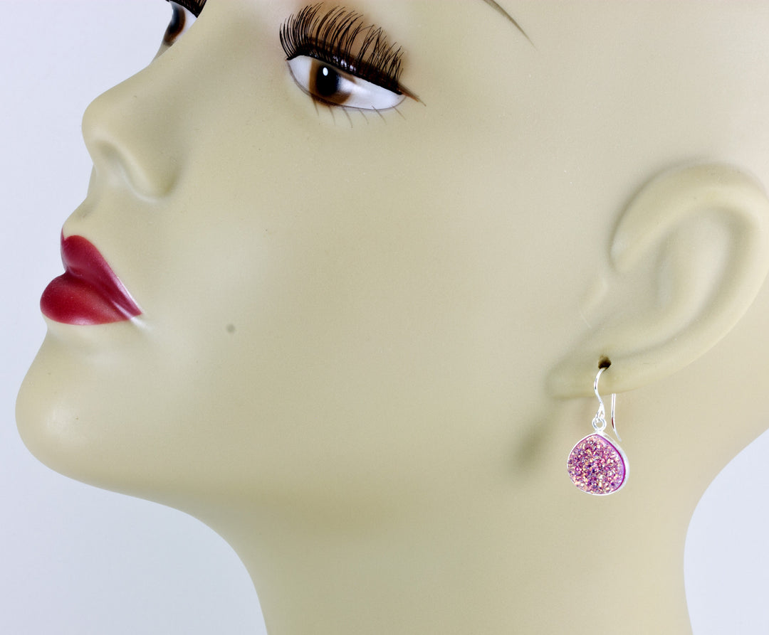 Pink Drusy Earrings Druzy Heart Teardrop 14 Solid Gold or Filled or Sterling Silver French Ear Wires Bezel Set Simple Drops Druse Simple