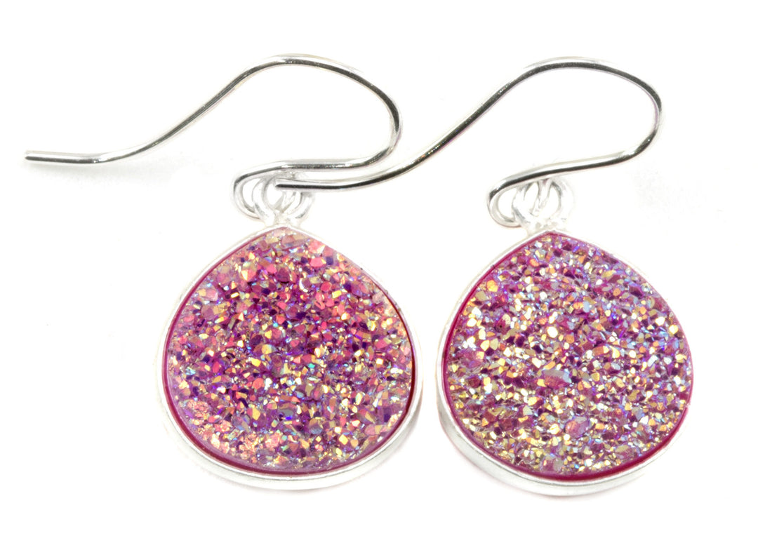 Pink Drusy Earrings Druzy Heart Teardrop 14 Solid Gold or Filled or Sterling Silver French Ear Wires Bezel Set Simple Drops Druse Simple