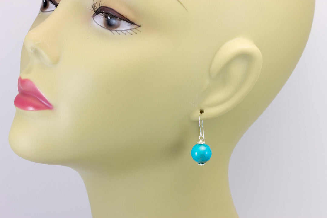 Turquoise Earrings Light Blue Round Dangle Drops Sterling Silver or 14k solid Yellow Gold or Filled Natural Beaded Simple Contemporary