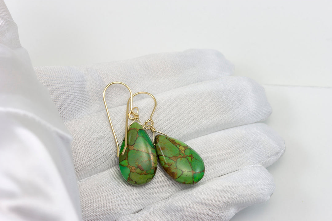 Copper Tuquoise Earrings Green Smooth Large Long Mosaic Unique 14k Solid Yellow Gold or filled or Sterling Silver Rare  Spyglass Designs