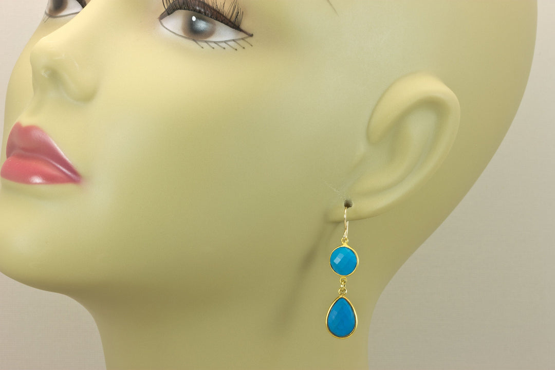 Turquoise Earrings Deep Blue Teardrops Faceted Dangle Drops Double Hung Bezel Setting 14k Solid Yellow Gold or 14k Gold Filled Simple Drops