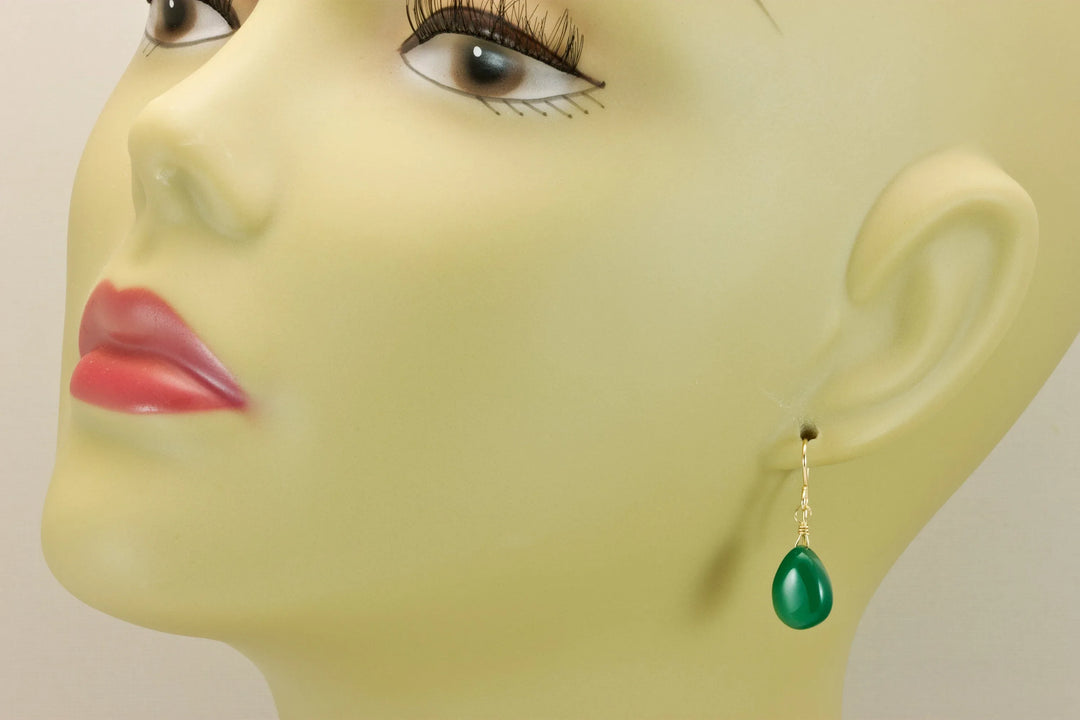 Onyx Earrings Emerald Green Color Smooth Teardrop Briolette Cut 14k Solid Gold or Filled or Sterling Silver lightweight simple dainty drops - Spyglass Designs