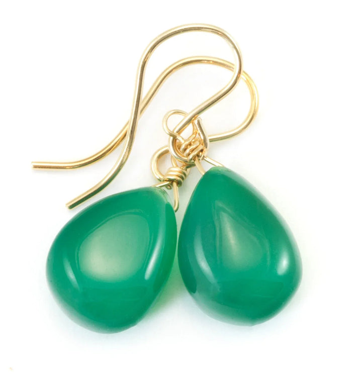 Onyx Earrings Emerald Green Color Smooth Teardrop Briolette Cut 14k Solid Gold or Filled or Sterling Silver lightweight simple dainty drops - Spyglass Designs