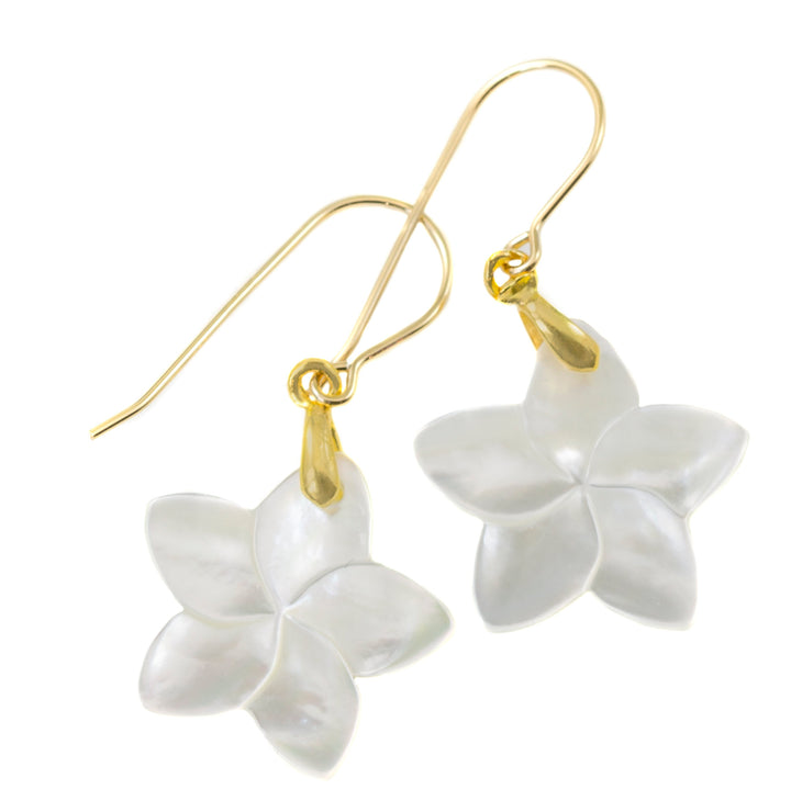 Mother of Pearl Earrings White MOP Carved Flower Dangles Natural 14k Solid Gold or Filled or Sterling Silver Lightweight Simple Drops