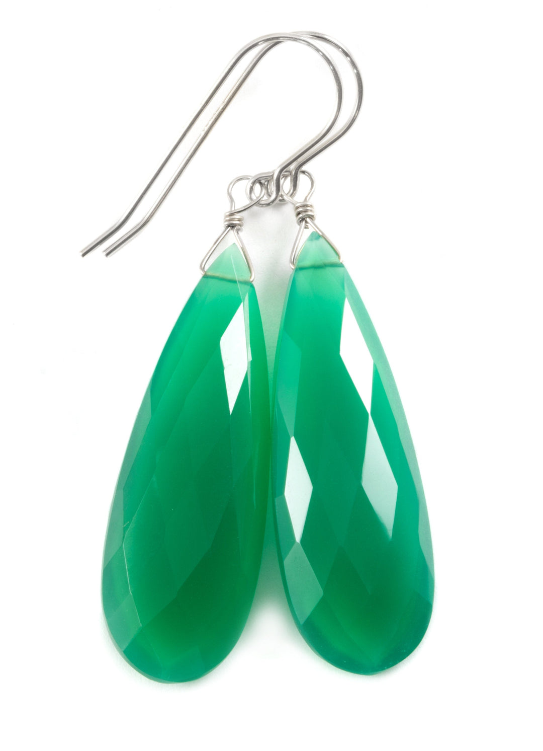 Green Onyx Earrings Faceted Long AAA Drop Dangle Large Teardrop Sterling Silver or 14k Gold Filled Rich Emerald Green Color Drops 2 Inch