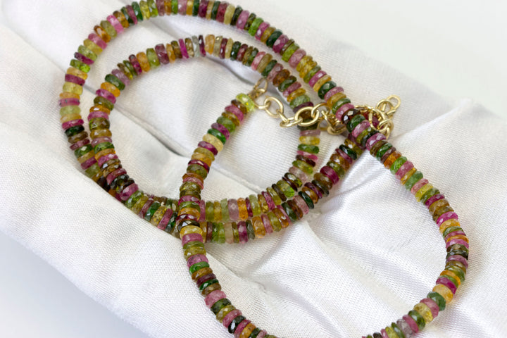 Multi ColorTourmaline Necklace Natural Earthy Rondelle Solid Strand Pink Green Sterling Silver 14k Gold Filled Micro Facet 20 Inches Simple