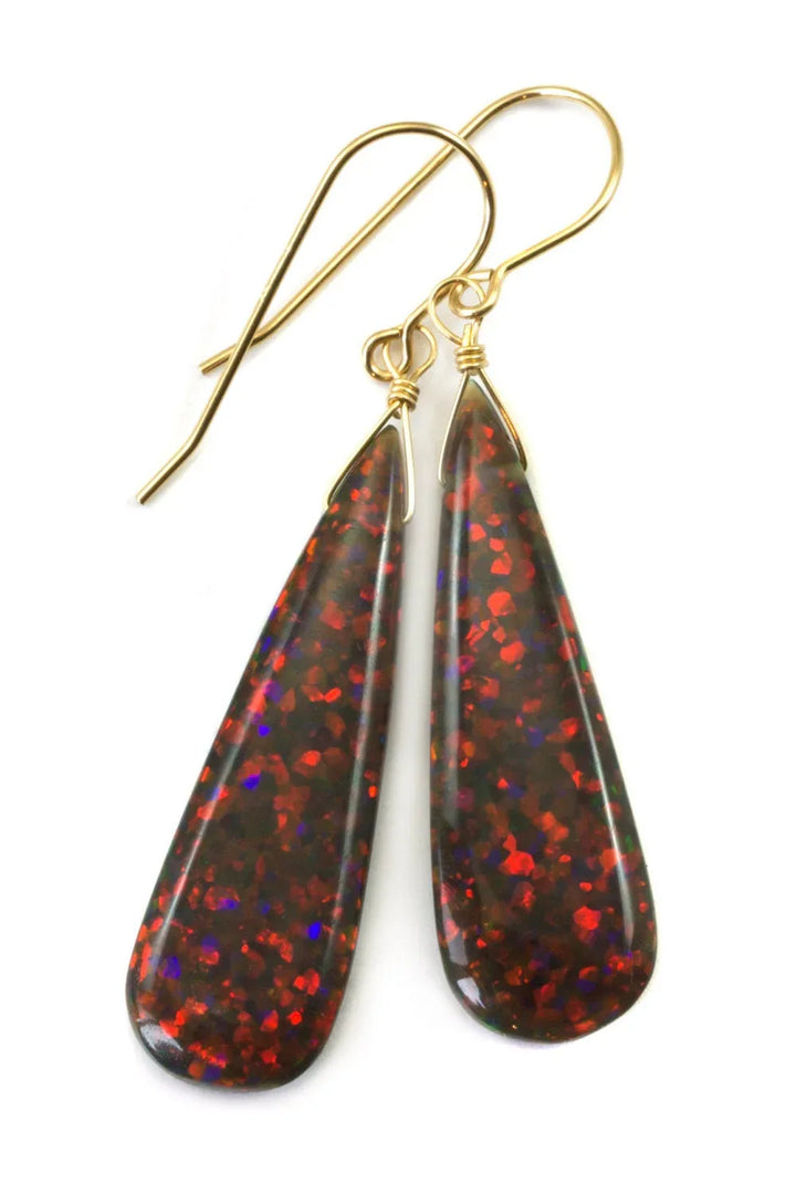 Fire Red Opal Earrings Long AAA Teardrops 14k Solid Gold or Filled or Sterling Silver 2 Inch AAA cut iridescent colors simple daily drops - Spyglass Designs