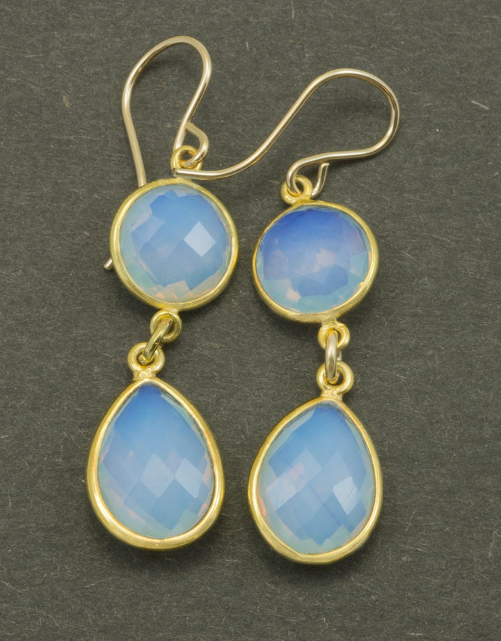 Opalite Earrings Faceted  AAA Teardrops 14k Solid Gold or Filled iridescent colors simple Double Bezel Setting Fat Milky White Drops
