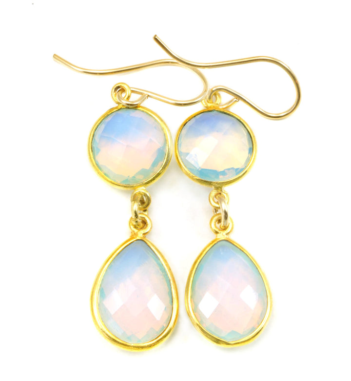 Opalite Earrings Faceted  AAA Teardrops 14k Solid Gold or Filled iridescent colors simple Double Bezel Setting Fat Milky White Drops