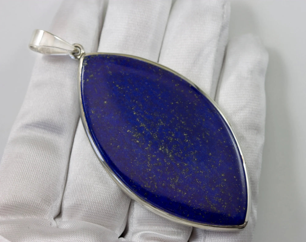 Lapis Lazuli Necklace Pendant X Large Marquise Shape Sterling Silver Simple Contemporary Natural Pyrite Flecks Rich Blue Bezel Set 3 Inch - Spyglass Designs
