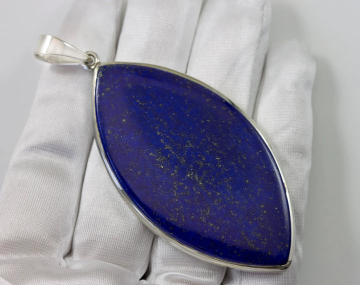 Lapis Lazuli Necklace Pendant X Large Marquise Shape Sterling Silver Simple Contemporary Natural Pyrite Flecks Rich Blue Bezel Set 3 Inch - Spyglass Designs