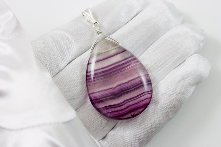 Fluorite Pendant Purple Striped Large Necklace Natural Genuine  Contemporary Design Teardrop Sterling Silver or 14k Gold Filled