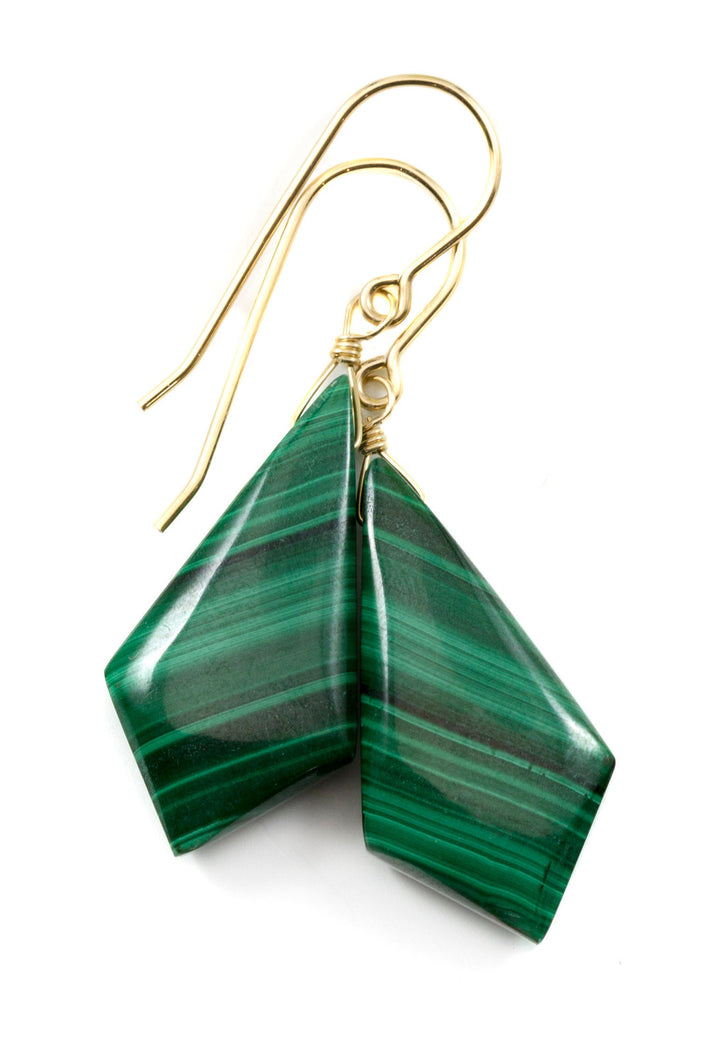Green Malachite Earrings Green Long smooth Natural Dangle Drops Sterling Silver or 14k Solid Gold or Yellow or Rose Filled simple Triangle