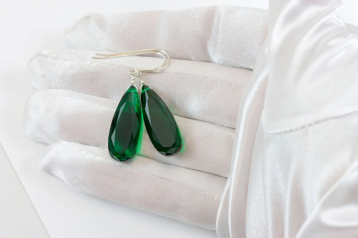 Emerald Green Earrings Faceted Long Simulated Emerald Teardrop Drop Dangle Sterling Silver or 14k Solid Gold or Filled Simple Classic 1.6 In