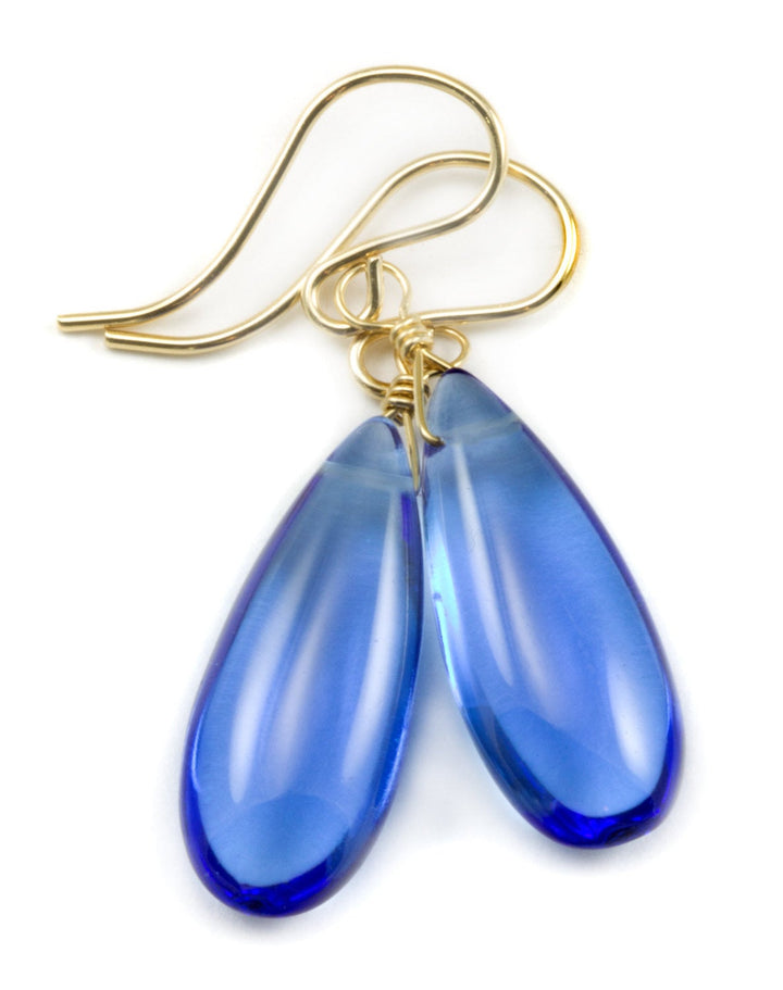 Sapphire Blue Earrings Teardrop Drop Dangle Long Simulated Smooth 14k Solid Gold or Filled or Sterling Silver Simple Spyglass Designs