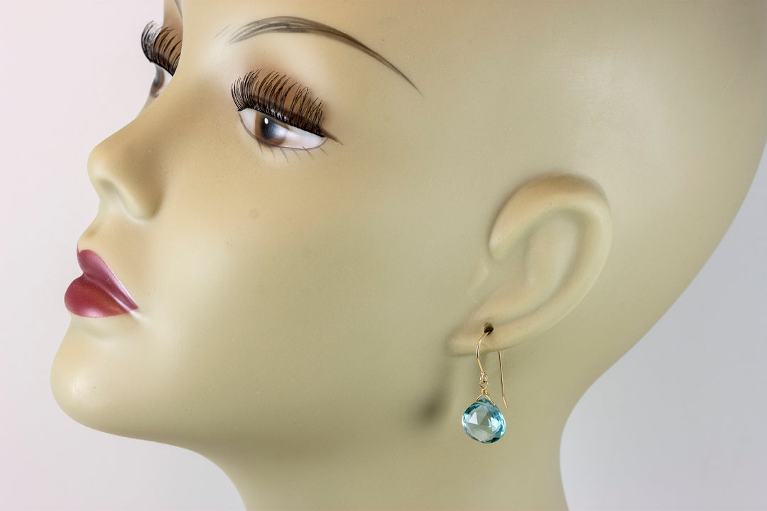 Aquamarine Earrings faceted simulated aqua Heart Drop Teardrop Sterling Silver or 14k Solid Gold or Filled Soft Aqua Blue Simple Dainty