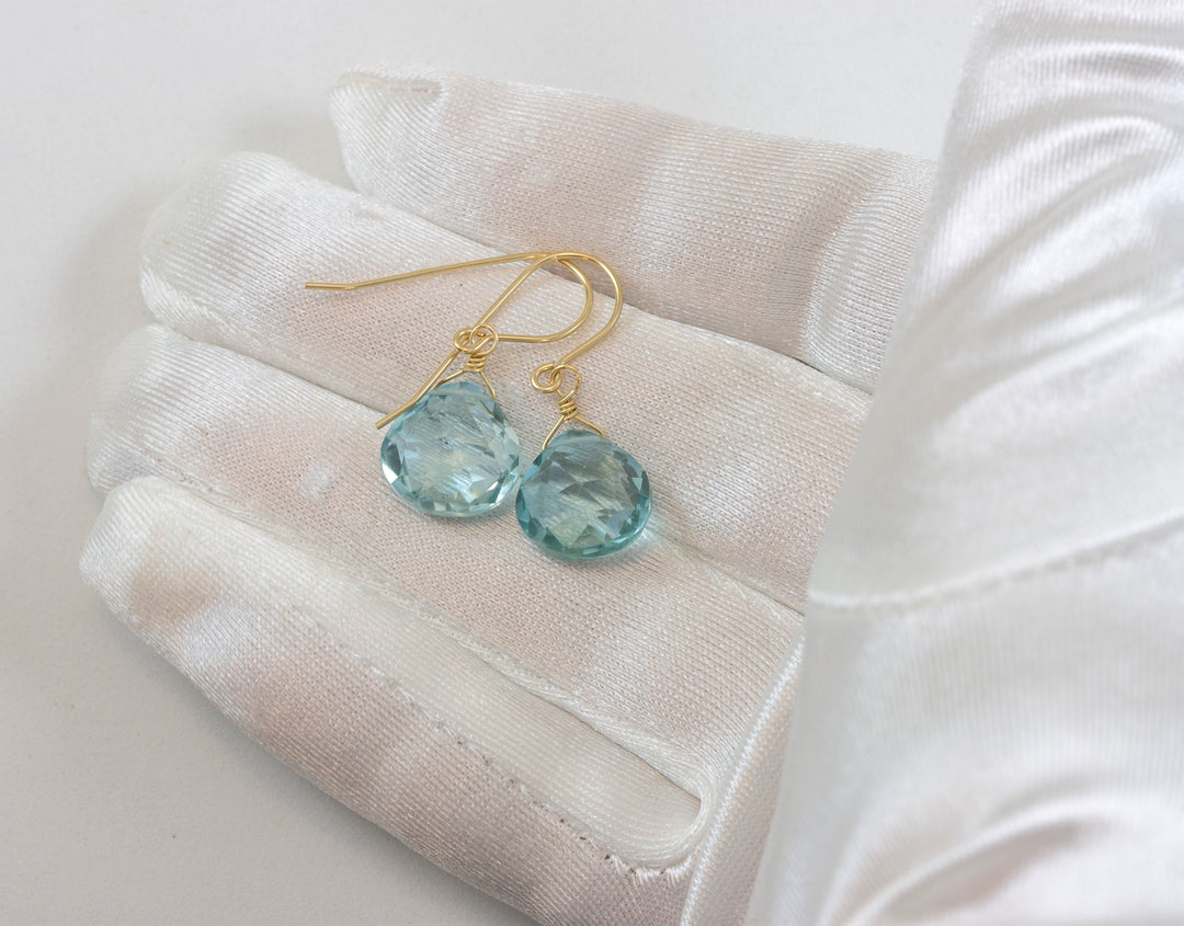 Aquamarine Earrings faceted simulated aqua Heart Drop Teardrop Sterling Silver or 14k Solid Gold or Filled Soft Aqua Blue Simple Dainty