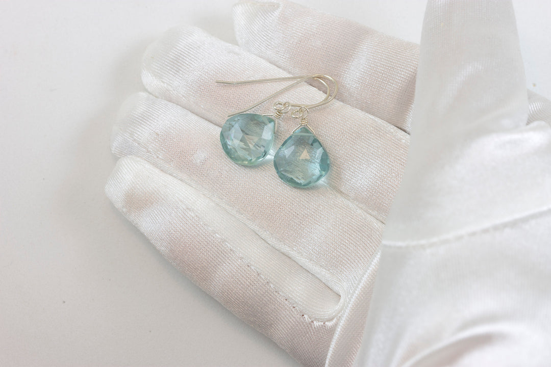 Aquamarine Earrings faceted simulated aqua Heart Drop Teardrop Sterling Silver or 14k Solid Gold or Filled Soft Aqua Blue Simple Dainty