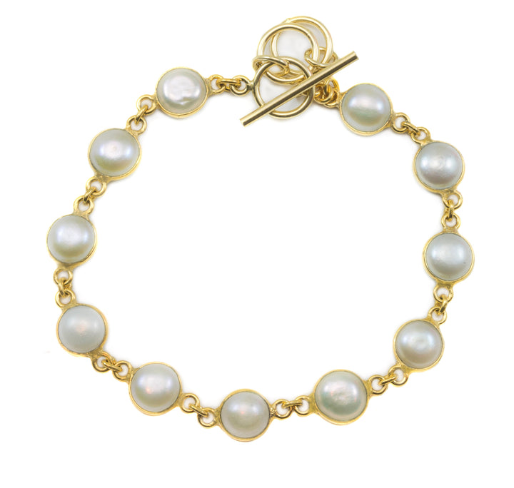 Freshwater Button Pearl Bracelet White Cultured Sterling Silver 14k Gold Plate Adjustable Toggle Clasp 7  8 Inches Inch Simple Button  Bezel