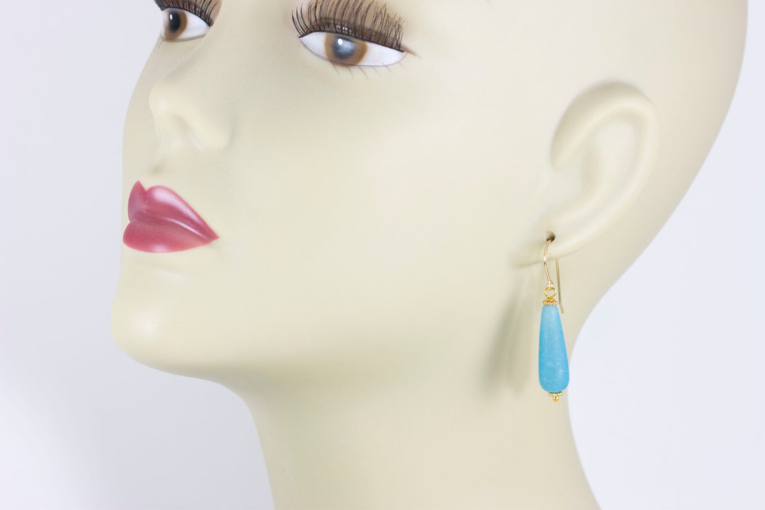 Quartzite Earrings Steel Blue Polished Matte Finish Smooth Long Teardrop Beaded 14k solid gold or filled or sterling silver Drop Dangle