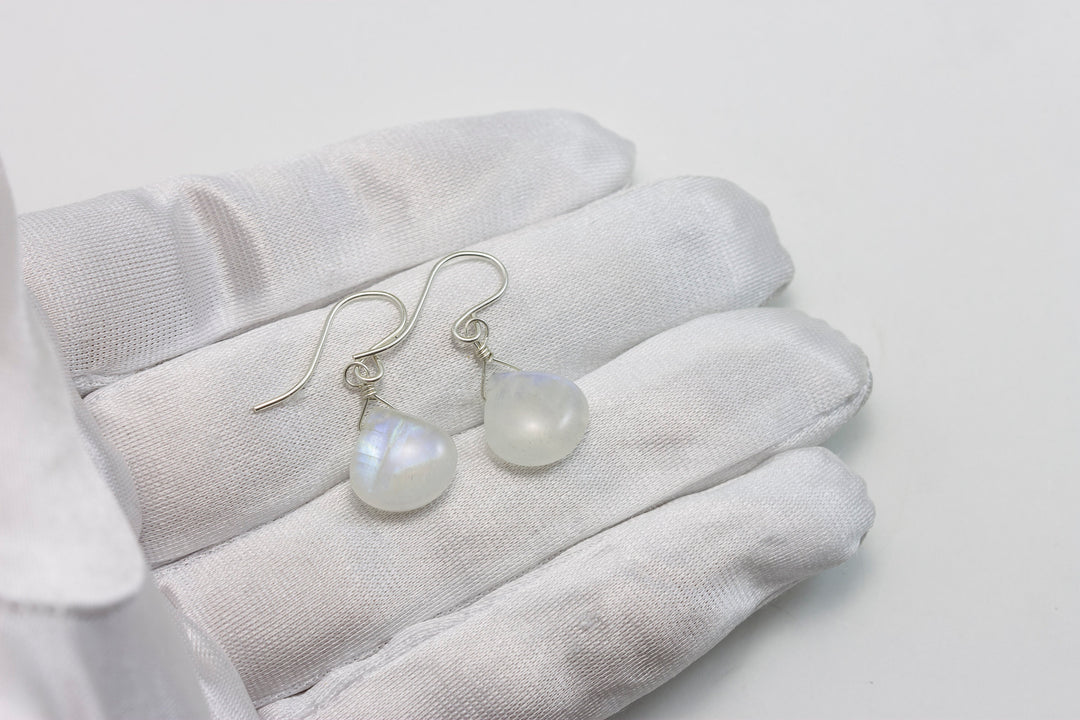 Rainbow Blue Moonstone Earrings Sterling Silver or 14k Solid Gold or Filled Smooth Heart Teardrop Natural Real Quality Simple Dainty Drops