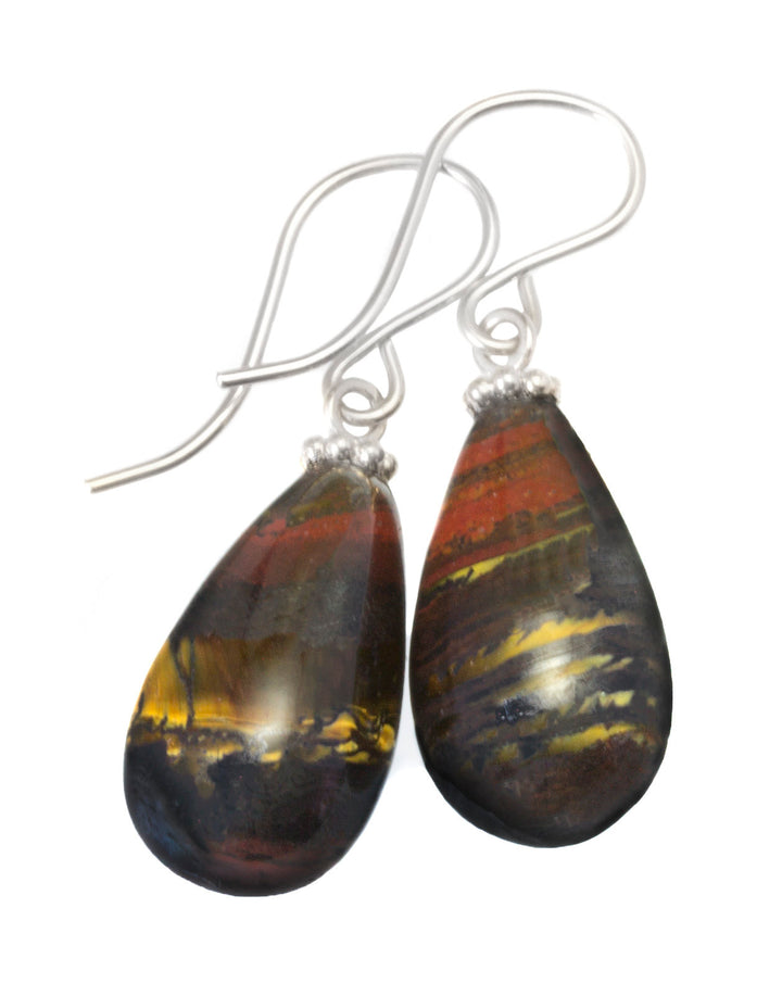 Tiger's Iron Eye Earrings Red Jasper Smooth Fat Simple Teardrop dangle Sterling Silver or 14k Solid Gold or Filled Real Natural Simple Drops