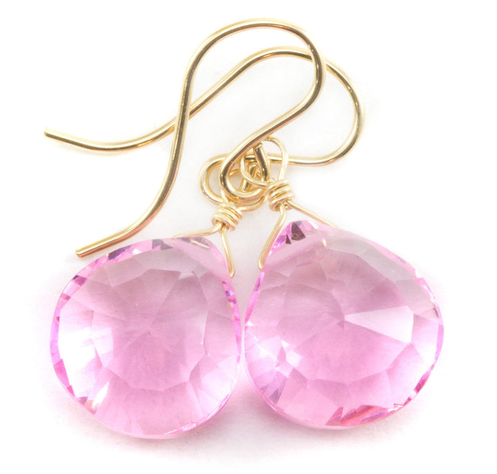 Pink Simulated Sapphire Earrings Faceted Heart Shape Bright Pink Sterling Silver or 14k Solid Gold or Filled Simple Classic Design Everyday