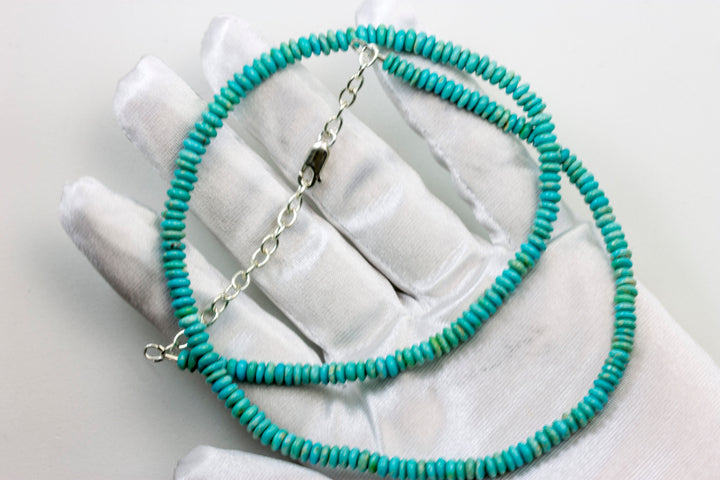 Blue Turquoise Necklace Faceted Solid Strand Link Beaded Sterling Silver 20 Inches natural stone Smooth Light Blue 6.5mm Rondelles