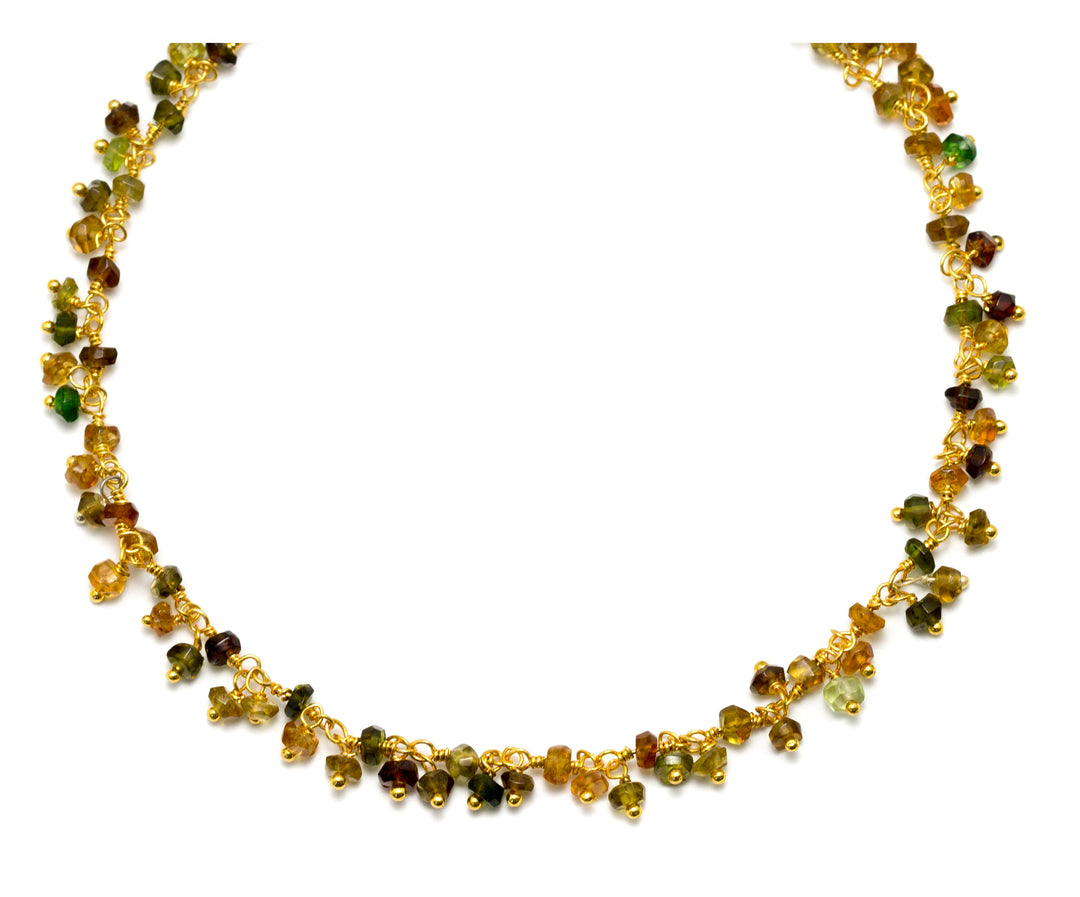 Tourmaline Necklace Brown Amber Green Faceted Cluster Chain Link  Beaded 14k gold fill  18 19 Inches Beaded Rondelle Clusters