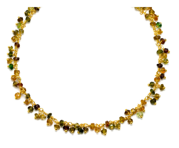 Tourmaline Necklace Brown Amber Green Faceted Cluster Chain Link  Beaded 14k gold fill  18 19 Inches Beaded Rondelle Clusters