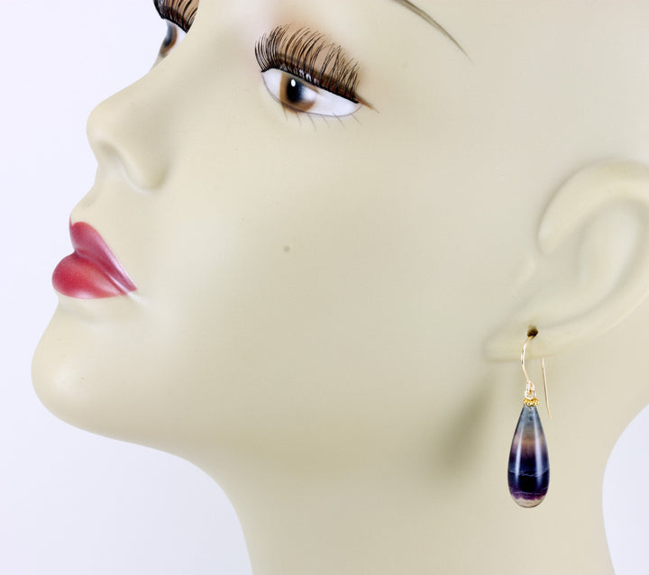 Fluorite Earrings Smooth Teardrop 14k solid gold or filled or sterling silver Natural Flourite Fat Round Drop Striped Teal Purple Beaded