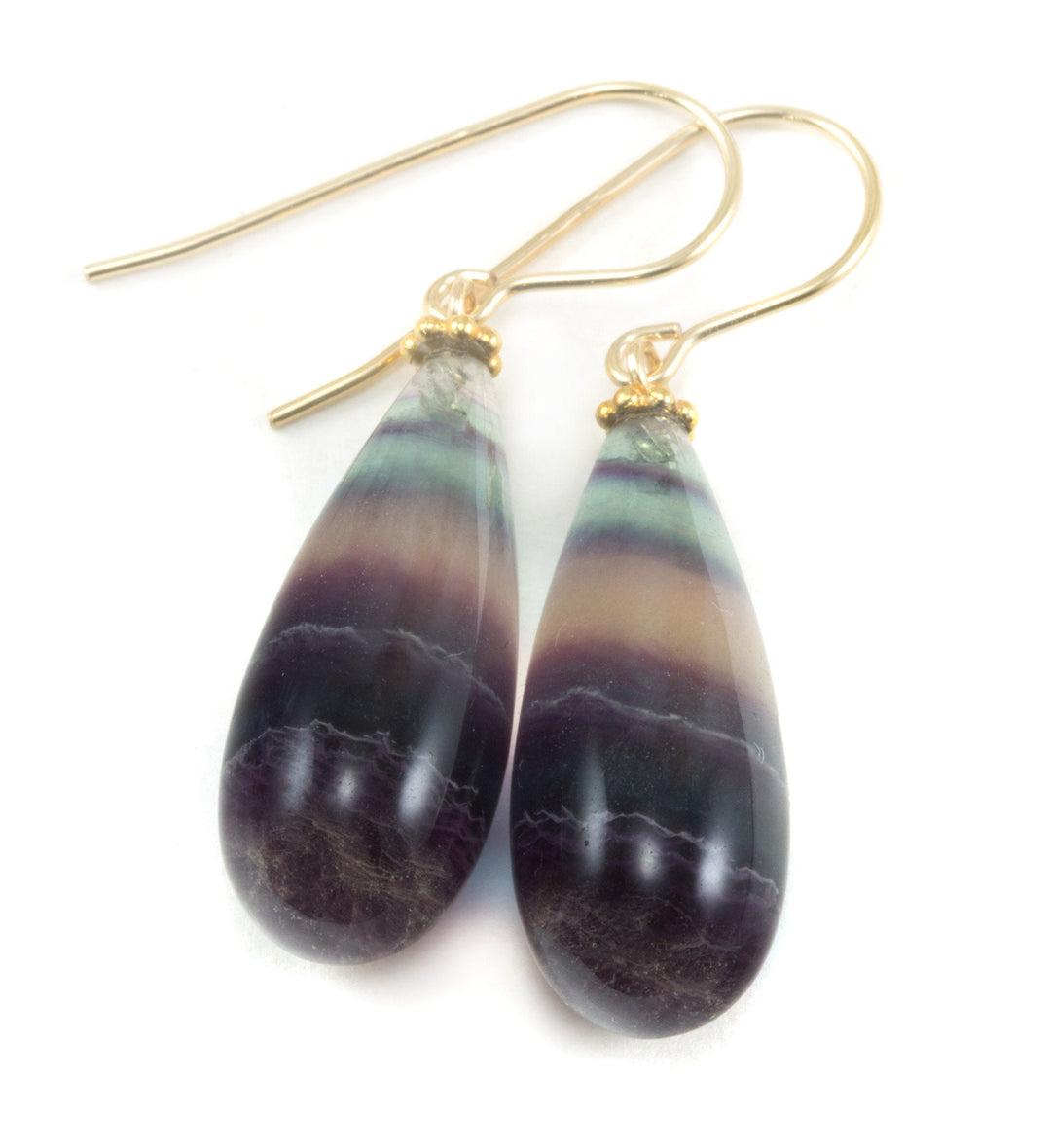 Fluorite Earrings Smooth Teardrop 14k solid gold or filled or sterling silver Natural Flourite Fat Round Drop Striped Teal Purple Beaded