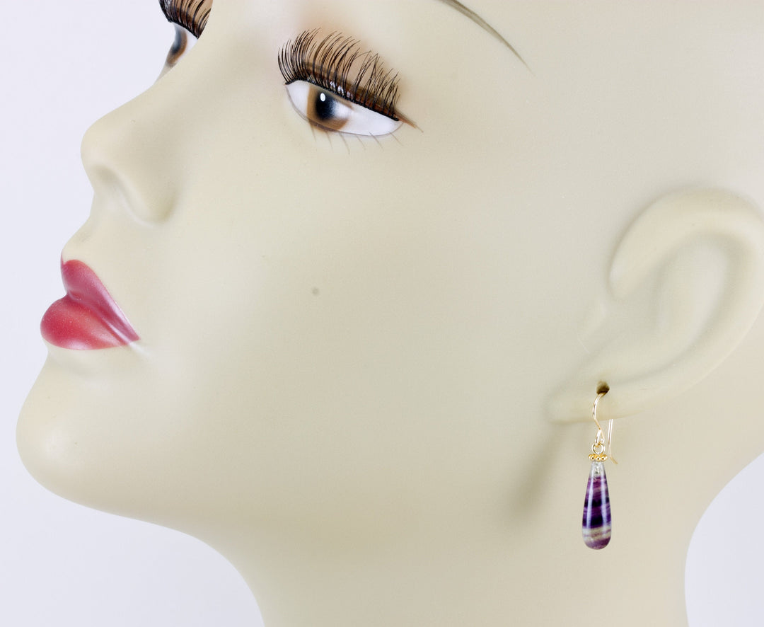 Fluorite Earrings Sterling Silver or 14k solid gold or filled Purple Striped  Smooth Teardrop  Flourite Spyglass Designs Simple Dainty Drops