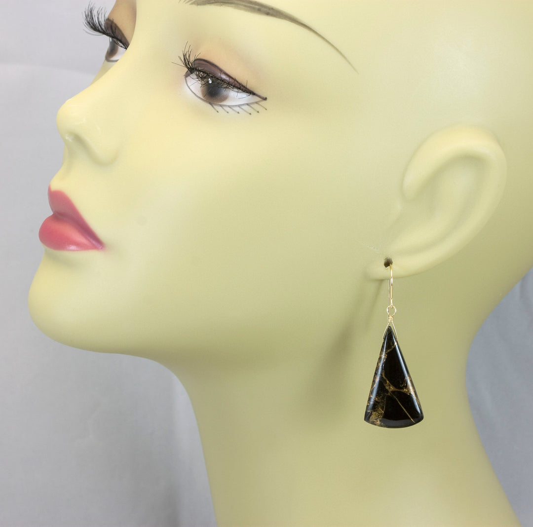 Black Copper Mosaic Obsidian Earrings Smooth Drops Sterling Silver or 14k Solid Gold or Filled Long Triangle Unique Contemporary Spyglass