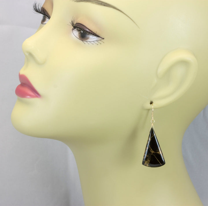 Black Copper Mosaic Obsidian Earrings Smooth Drops Sterling Silver or 14k Solid Gold or Filled Long Triangle Unique Contemporary Spyglass
