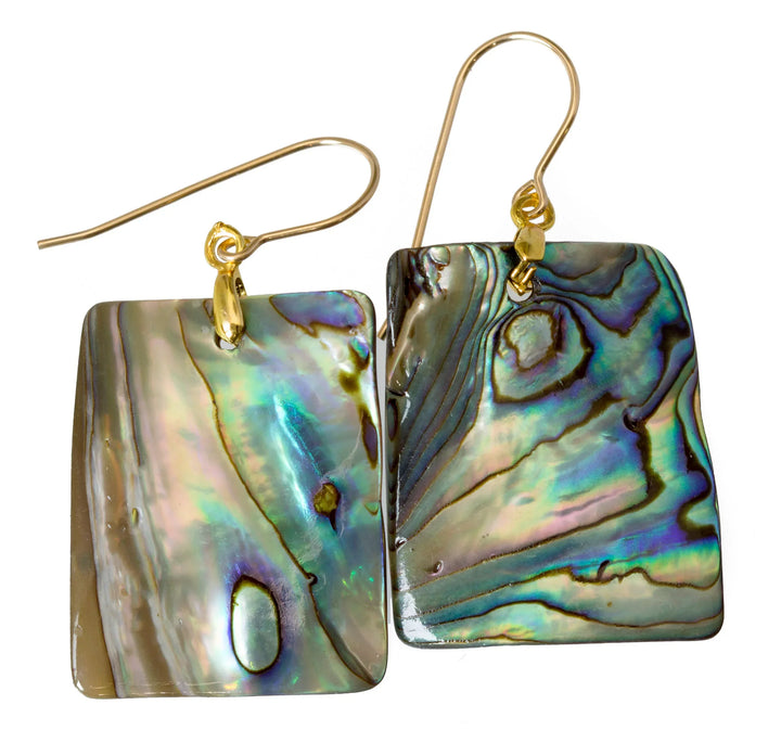 Abalone Paua Shell Teardrop Earrings Large Natural Peacock Colors 14k Solid Gold or Filled or Sterling Silver Rectangle Blue - Spyglass Designs