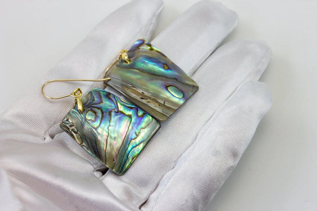 Abalone Paua Shell Teardrop Earrings Large Natural Peacock Colors 14k Solid Gold or Filled or Sterling Silver Rectangle Blue - Spyglass Designs