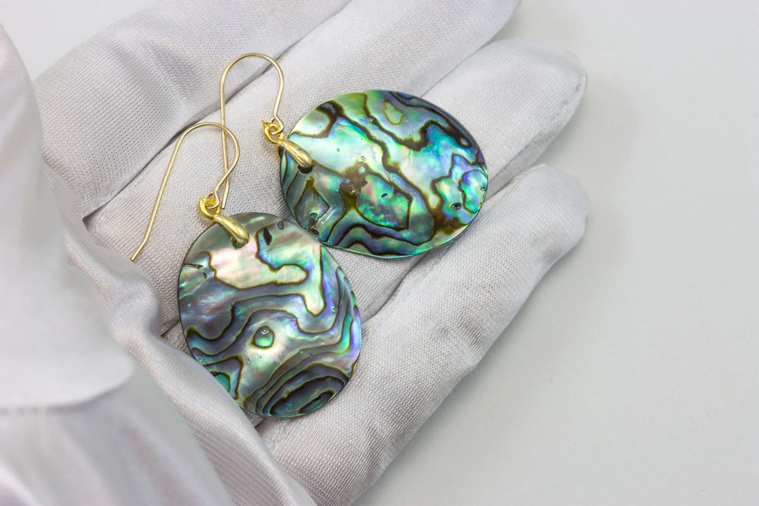 Abalone Paua Shell Teardrop Earrings Oval Natural Peacock Colors 14k Solid Gold or Filled or Sterling Silver Blue Iridescent Drops - Spyglass Designs