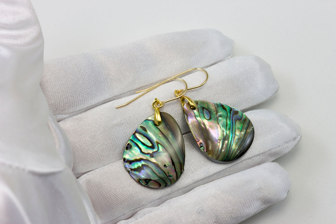 Abalone Paua Shell Teardrop Earrings Natural Peacock Colors 14k Solid Gold or Filled or Sterling Silver Oval MOP Blue Green Spyglass Designs