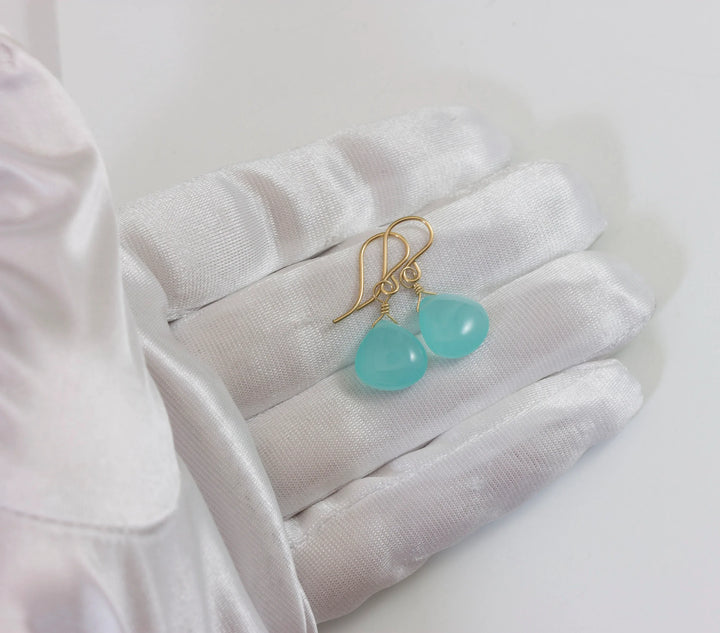 Aqua Blue Chalcedony Earrings Smooth Heart 14k Solid Gold or Filled or Sterling Silver Simple Soft Pale Color Teardrops Everyday Daily Drops - Spyglass Designs
