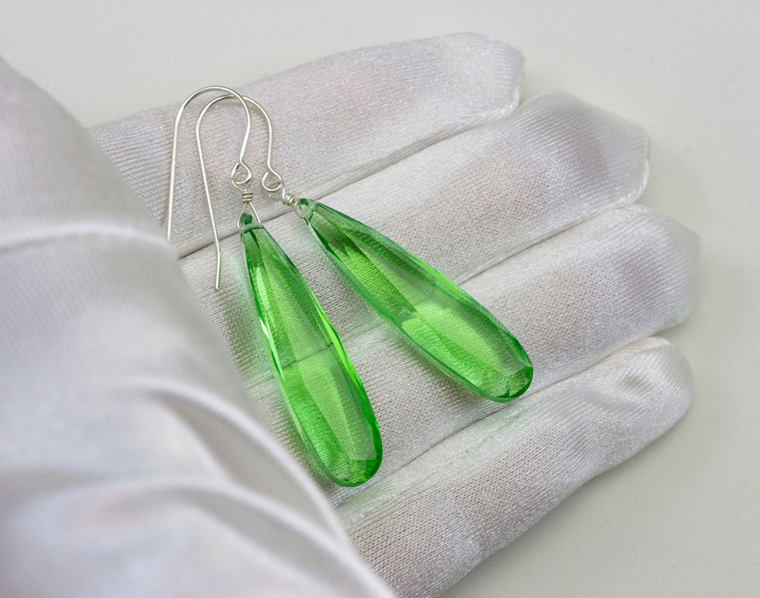 Light Green simulated Peridot Earrings Facet Large Long Dangle 14k Solid Gold or Filled or Sterling Silver Classic Simple Clean 2 Inch Drops