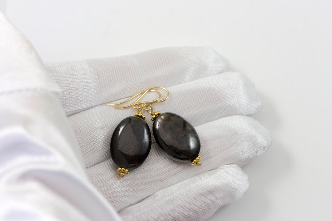 Black Hypersthene Earrings  Large Oval Shimmery Dangle Sterling Silver or 14k Solid Gold or Filled Simple Everyday Drops Unusual Natural