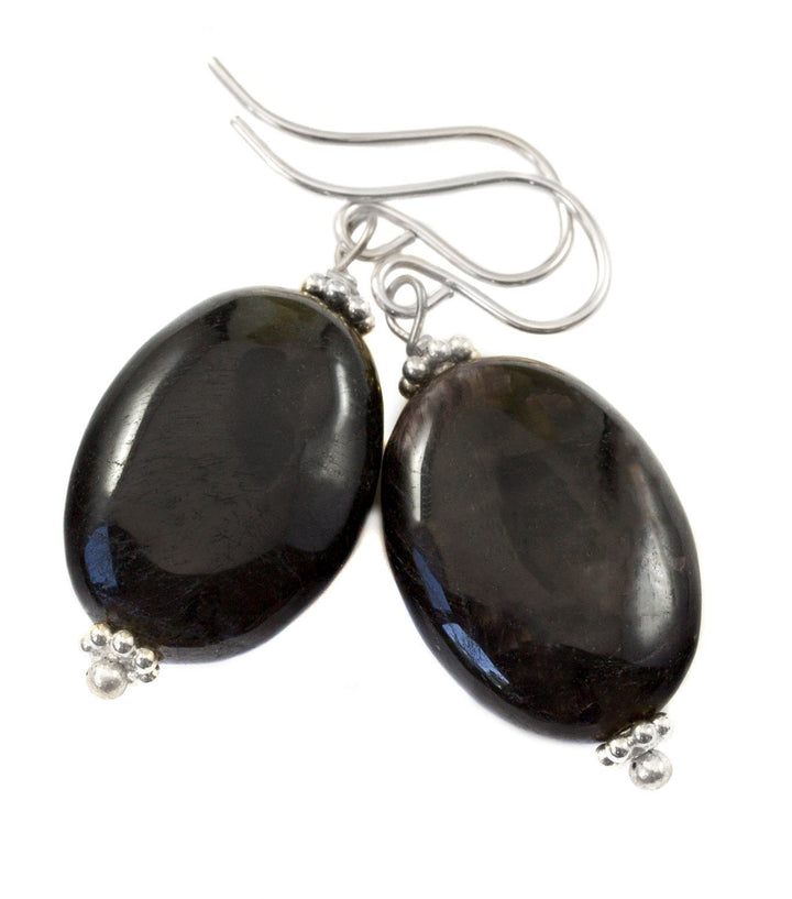 Black Hypersthene Earrings  Large Oval Shimmery Dangle Sterling Silver or 14k Solid Gold or Filled Simple Everyday Drops Unusual Natural