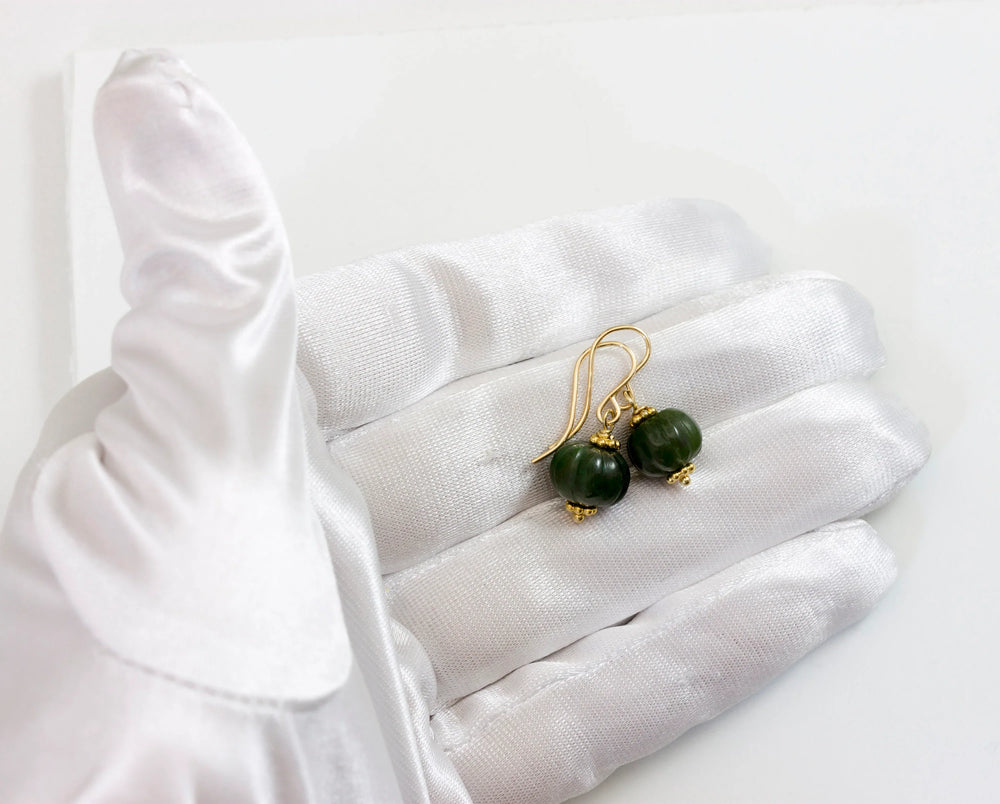 Nephrite Green Jade Earrings Carved Round Pumpkin Shape Smooth Sterling Silver or 14k Solid Gold or Filled Swirl Dainty Simple Lightweight - Spyglass Designs
