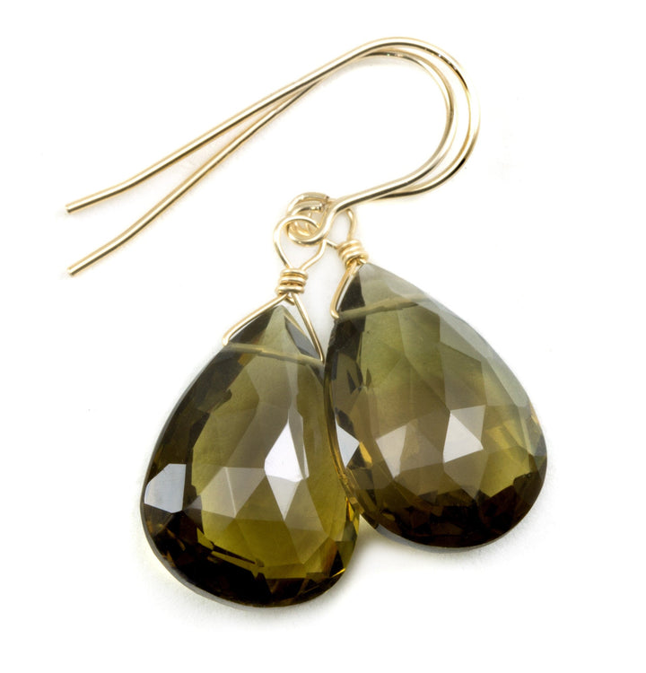 Green Olive Smoky Quartz Earrings Teardrop Fat Extra Large Long Natural Smokey 14k Solid Gold or Yellow or Rose Filled or Sterling Silver