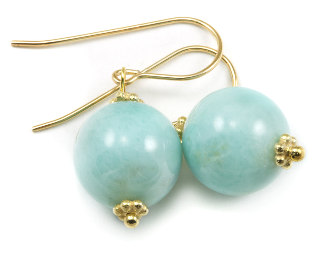 Blue Larimar Earrings Natural Round Polished Smooth Drop Sterling Silver or 14k Solid Gold or Filled Baby Light Blue Beaded Accent Simple