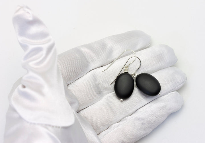 Black Onyx Earrings Sterling Silver or 14k Solid Gold or Filled Smooth Polished Matt Oval Teardrop Dangle Simple Classic Neutral Drops